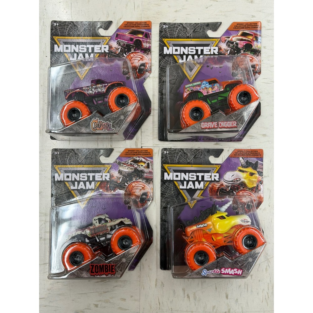 Monster Jam Spooky Collection 4-Pack Grave Digger Zombie Calavera Sparkle Smash